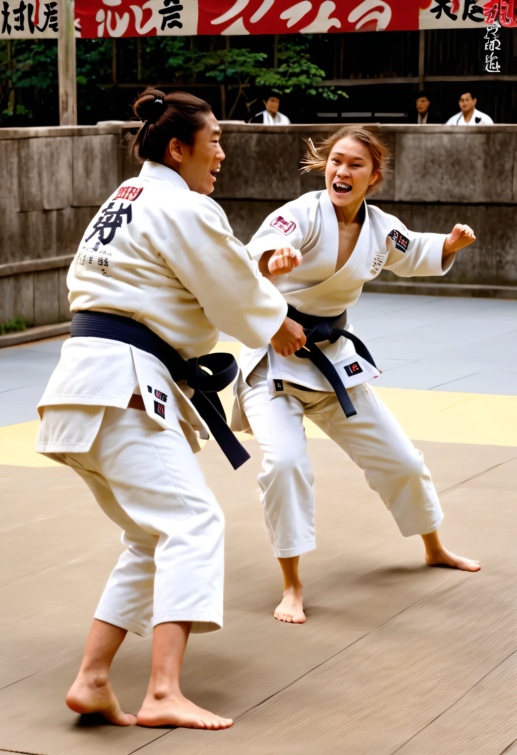 Female Judoists, masterpiece, Highest quality, Very detailed, In detail, Depth of written boundary、Footage of the moment a shoulder throw was performed during a judo match、Serious expression、Wide open eyes、Showing teeth、Dynamic composition、One、Speed Line、Street Art Style、Paper Cut、