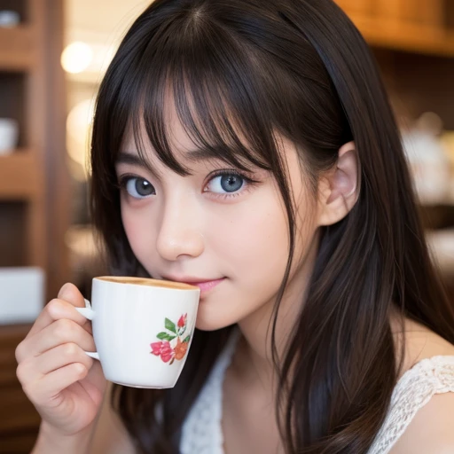 Beautiful consideration,Beautiful lip detail,Very detailed目と顔,Long eyelashes,young outline,Innocent smile,Realistic,photoRealistic:1.37,Very detailed,Professional,Vibrant colors,Studio Lighting,Sharp focus,Physically Based Rendering,High resolution,超High resolution、A composition with a wide background、One girl、11 years old、blue eyes, Shoulder-length hair,Curly Hair、Black Hair,Lower eyelids,White dress,Professionalフィール,The background is inside a coffee shop.、Coffee beans lined up on a cupboard in the background、Place the cake near the audience、Holding a cup of coffee in one hand、Place a retro camera on the edge of the desk