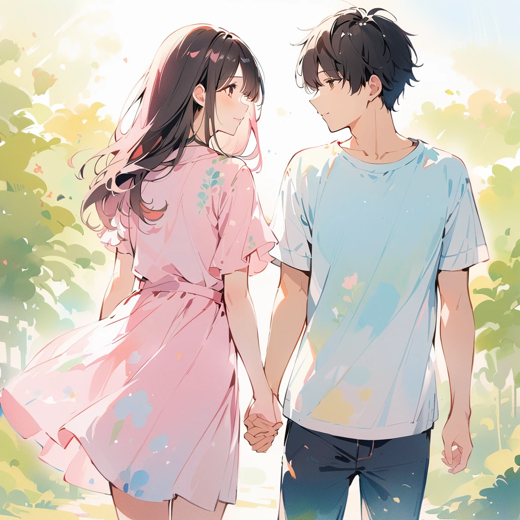 A pink-haired girl and a black-haired boy hold hands, watercolor painting, light color, watercolor painting, light color, thin light color painting, fluffy,
