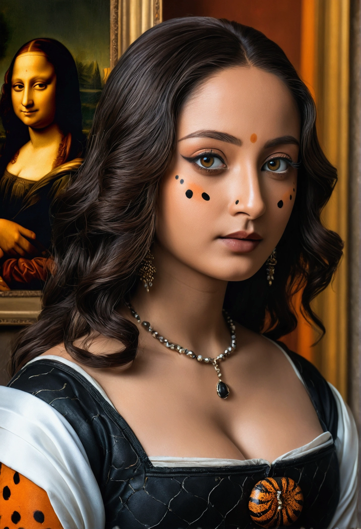 (8k, raw photo, Best Quality, masterpiece:1.2), (realist, photo-realist:1.37), ultra detailed, ultra high resolution, twtzuyu, 1 snake,looking at the viewer, ((portrait of monalisa)), queen, beautiful detailed eyes,  (black orange and white spots)