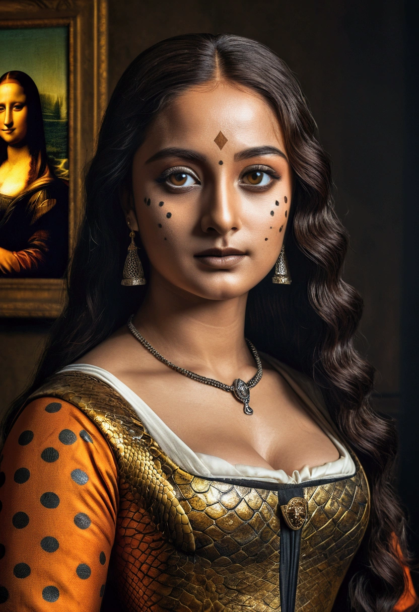 (8k, raw photo, Best Quality, masterpiece:1.2), (realist, photo-realist:1.37), ultra detailed, ultra high resolution, twtzuyu, 1 snake,looking at the viewer, ((portrait of monalisa)), queen, beautiful detailed eyes,  (black orange and white spots)