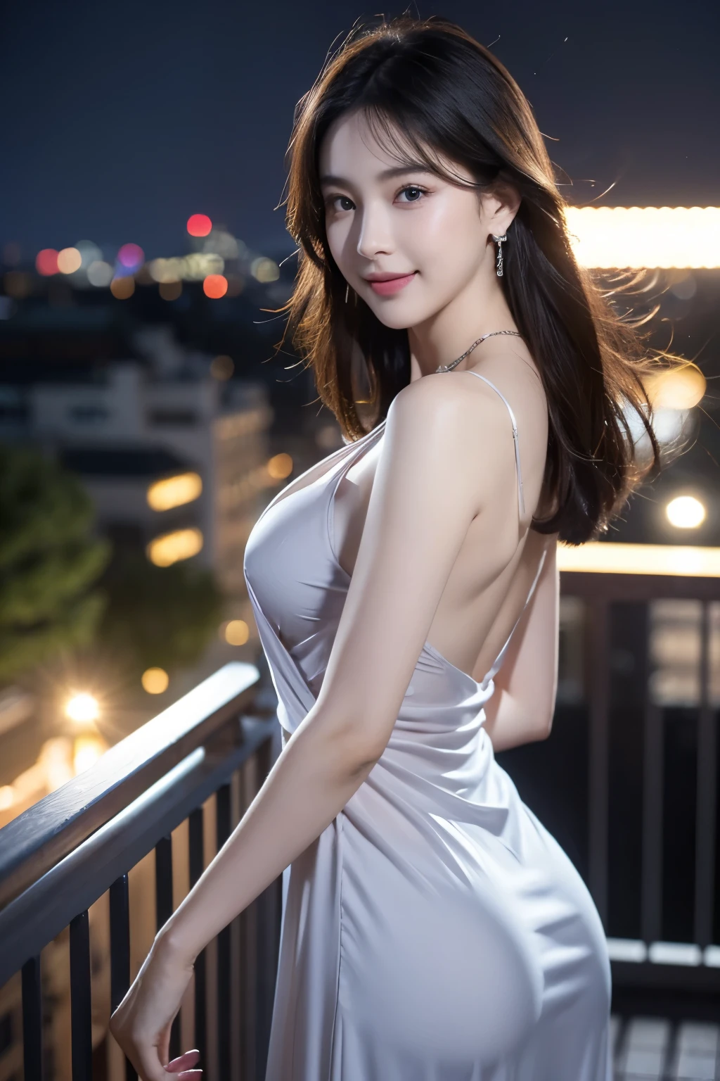8k, masterpiece, RAW Photos, Highest quality, Realistic, extremely detailed CG unity 8k wallpaper, Depth of written boundary, Cinematic Light, Lens flare, Ray Tracing, (Very beautiful face, Beautiful Lips, Beautiful Eyes), Exquisitely detailed face, ((Highly detailed skin)) One girl, In the Dark, Deep Shadow, Cute Asian Girl, ((View your viewers)),(big smile), (Blurred Background), midnight, (pretty girl), Earrings, bracelet, necklace, Clear Eyes, (Pale skin), Look forward, (Big eyes), (View your viewers), Large Breasts ,((smile)), rooftop, Dim lighting, ((night)), Cityscape, blue eyes, See through gown, Long gown, Red sleepwear, Open chest, Balcony, Very slim, (Medium Butt), See through, Thick thighs, Open chest, (Buckshot), Focus on the butt, naked