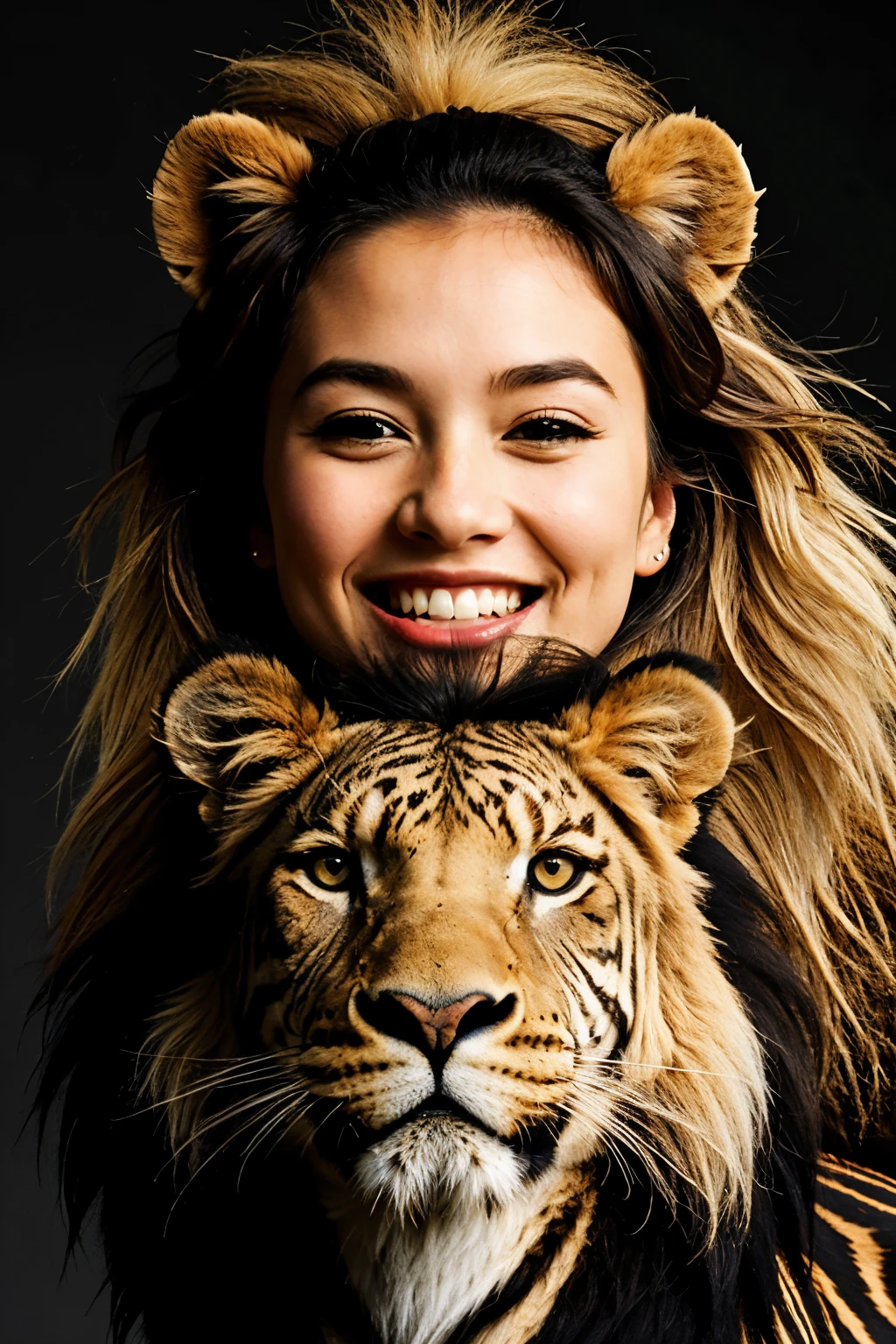 an animal, let it be cute, with lion head, eagle claws, horse feet and zebra hair. let it be high, and with a smiling face.
