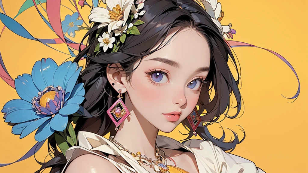 32K, 最高quality, 最高masterpiece, (ultra-Detailed Background, Detailed Background), Absurd, High resolution, Super detailed, Very detailedな, One girl, (bouquet:1.3), (Tangled:1.2), (Geometric:1.2),(colorful),(masterpiece, quality, best quality, Official Art, Beautiful and beautiful:1.2), (1 girl:1.3), Very detailed,(colorful:1.1)(Flowers:1.3),Most detailed,(Tangled:1.2), whole body, (Abstract background:1.3), (Skin glows), (Many colors:1.4), ,(Earrings Jewelry:1.5), Pale yellow background,