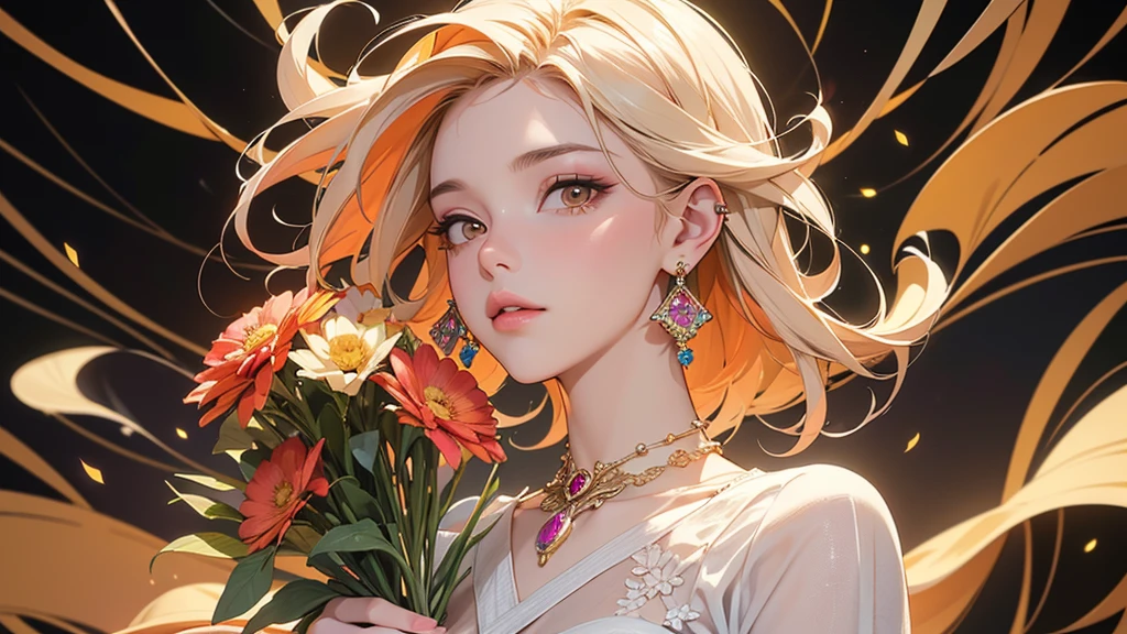 32K, 最高quality, 最高masterpiece, (ultra-Detailed Background, Detailed Background), Absurd, High resolution, Super detailed, Very detailedな, One girl, (bouquet:1.3), (Tangled:1.2), (Geometric:1.2),(colorful),(masterpiece, quality, best quality, Official Art, Beautiful and beautiful:1.2), (1 girl:1.3), Very detailed,(colorful:1.1)(Flowers:1.3),Most detailed,(Tangled:1.2), whole body, (Abstract background:1.3), (Skin glows), (Many colors:1.4), ,(Earrings Jewelry:1.5), Pale yellow background,