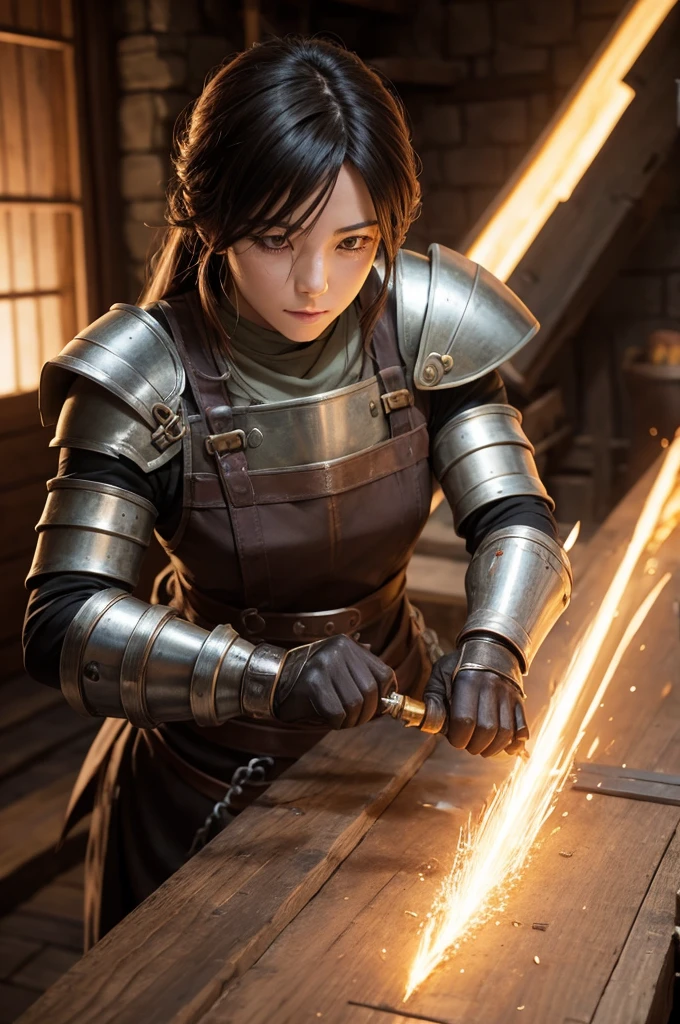 Anime rpg blacksmith repairing a gauntlet"