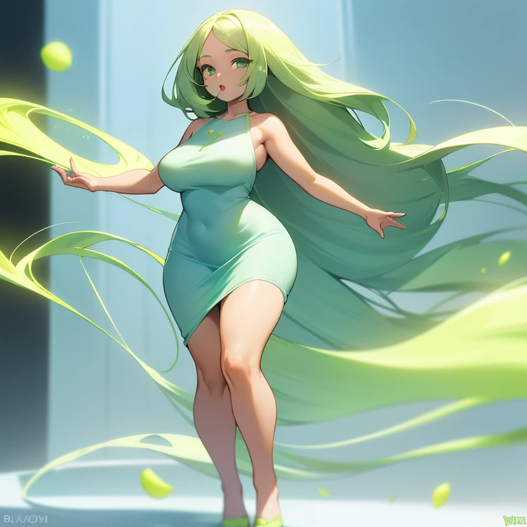 full body, (((Light Skin Woman))),(((Light green, long hair without bangs))),(((voluminous and curvy body))),(((Lime green eyes))),(((Alone))),(((Wearing a light blue dress)))