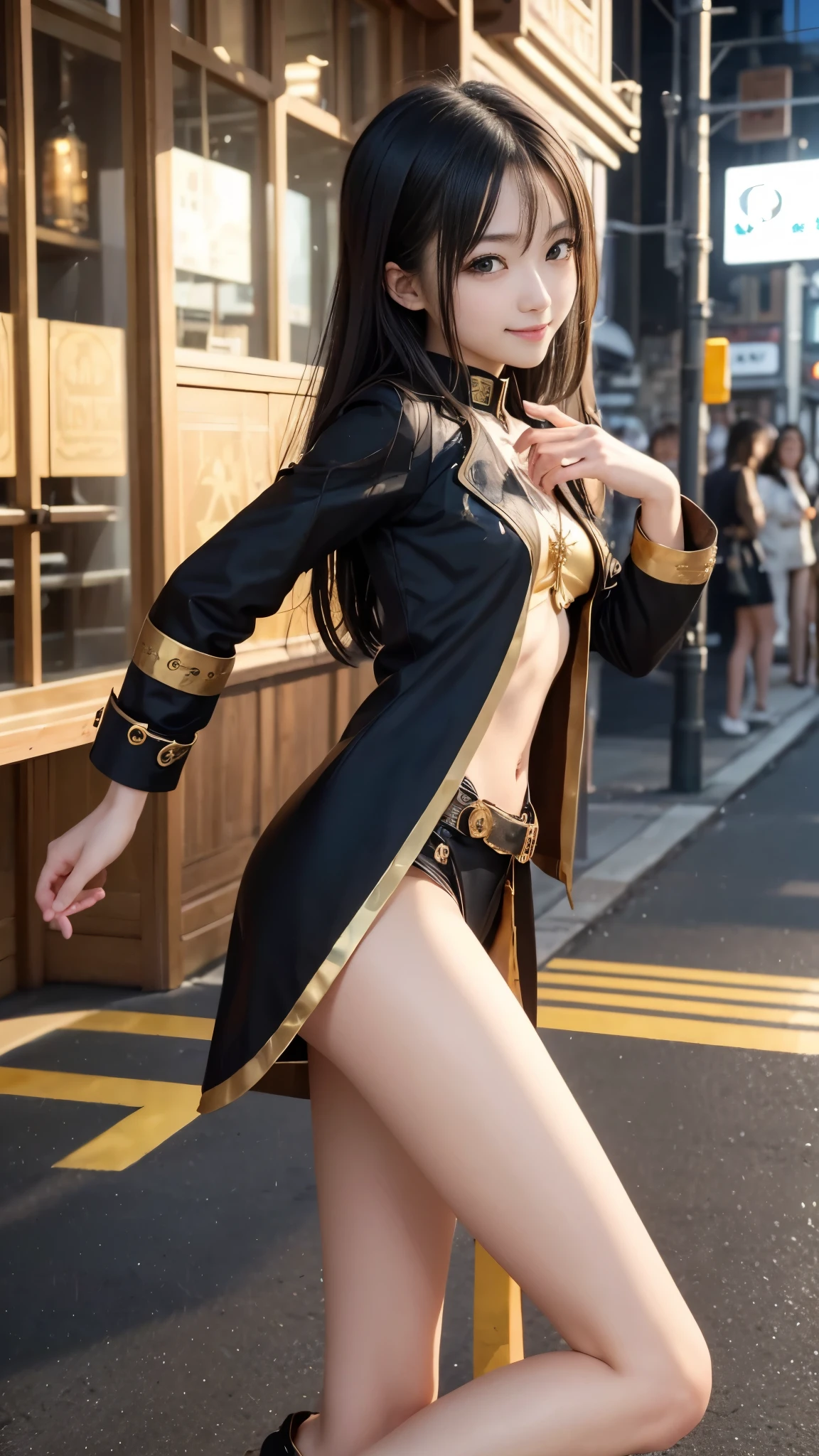 (A cute and cool alchemy idol girl)、whole body、Good style、、、、、、、、、、Thin legs、Tight waist、Small and slender figure、Slender body line、(Gold and black steampunk uniform)、A pure idol face、City of Gold（Shine）、(Detailed eyes and face、Professional photography techniques)、(Highest quality:1.4、Highest quality、Masterpiece、Ultra high definition)、(The right move:1.2)、Cute smile