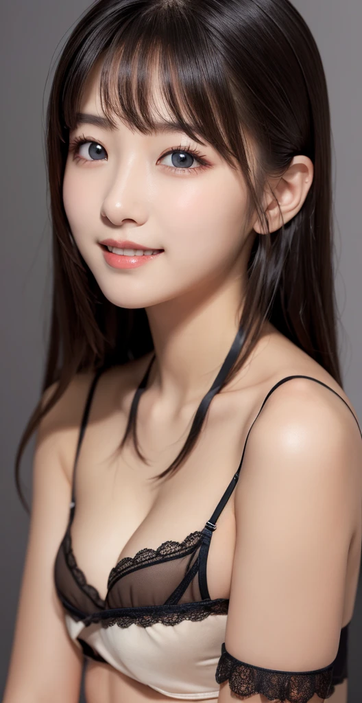 Very sexy and seductive small black lingerie.............................:1.2, looking to the camera, cinematic lighting, perfect, luz outfit, High resolution skin:1.2, realistic skin texture, Beautiful 14 year old girl、a small face、without makeup、, off the shoulders,bust cup b、small neckline, blue eyes, very black hair on my shoulders, dark black hair、son、neutral background , looking straight at the target and with a nice and pleasant smile