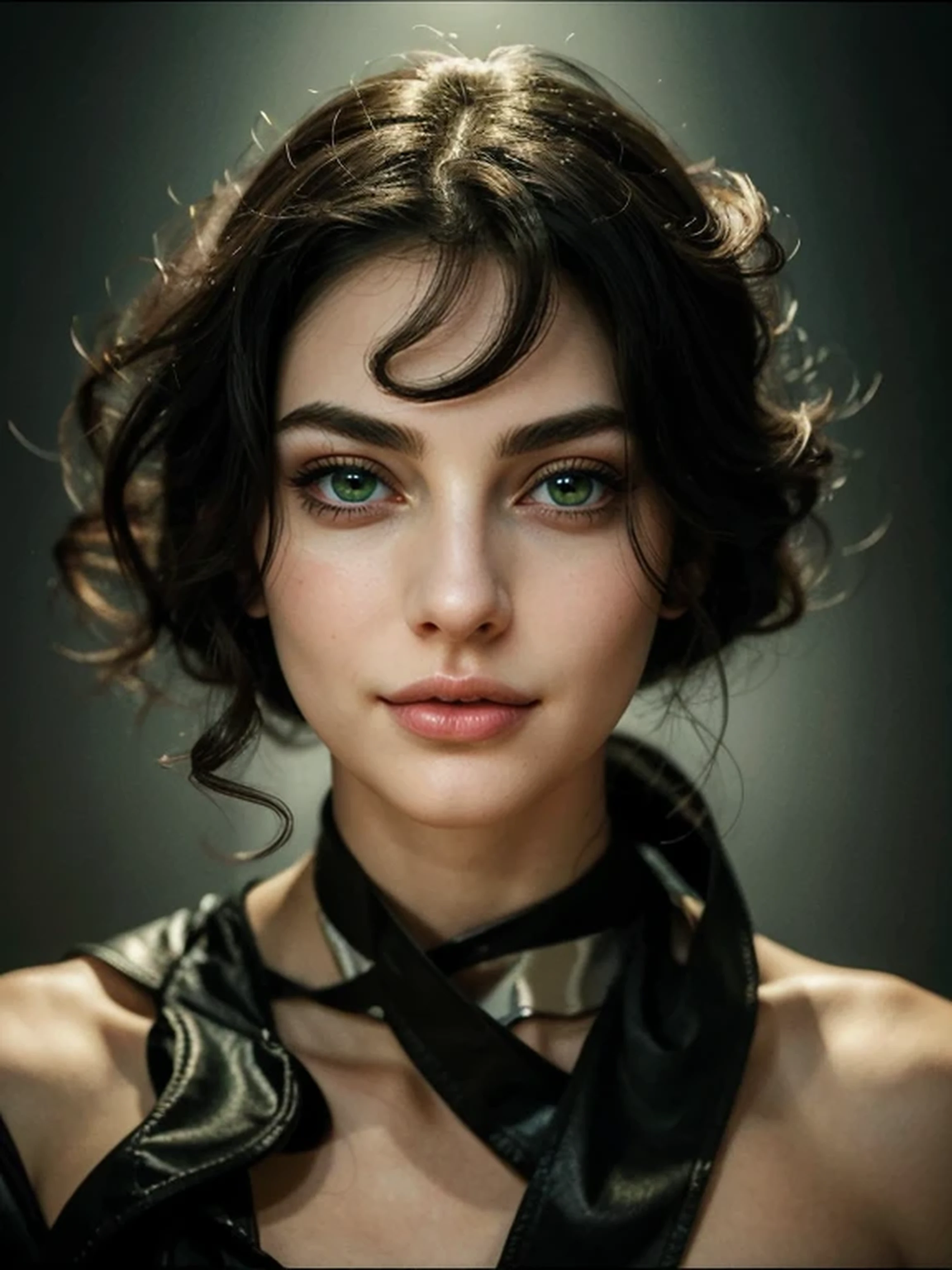 Her large, expressive eyes, framed by delicate, arched brows, are a deep, luminous green, inviting the viewer to get lost in their depths. Her slender nose complements the sharp lines of her square jawline, creating a striking androgynous beauty. Her full, sensual lips are parted in a coy smile, adding to her allure. Anna Taylor-Joy's face, with its delicate skin and angular bone structure, commands attention with its magnetic beauty.
