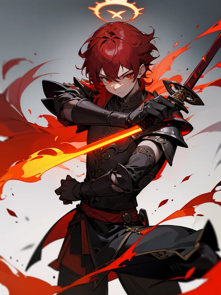 Rakshasa-ten, red hair, black armor, halo, sword, burning flames