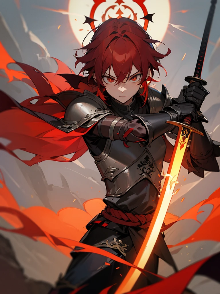 Rakshasa-ten, red hair, black armor, halo, sword, burning flames