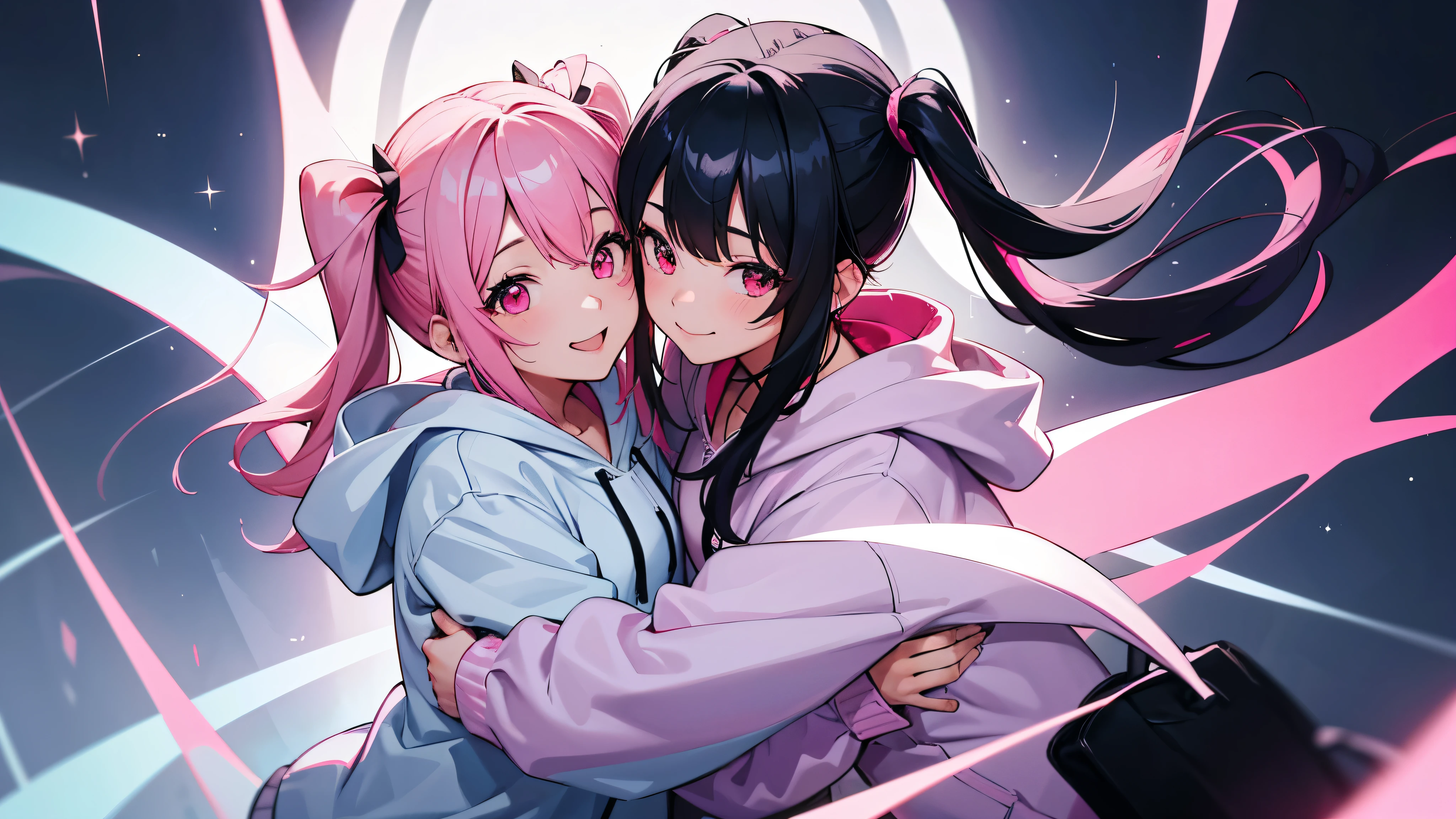 Two girls, Embrace each other, smile, One of them has black hair in twin tails and is wearing a white hoodie., The other has pink hair in twin tails and wears a light blue hoodie., The pink haired girl has red eyes, cinematic lighting, sparkle, UHD, high details, best quality, highres, 8k