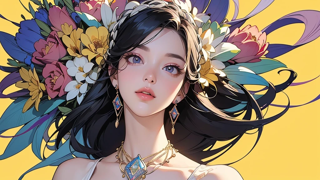 32K, 最高quality, 最高masterpiece, (ultra-Detailed Background, Detailed Background), Absurd, High resolution, Super detailed, Very detailedな, One girl, (bouquet:1.3), (Tangled:1.2), (Geometric:1.2),(colorful),(masterpiece, quality, best quality, Official Art, Beautiful and beautiful:1.2), (1 girl:1.3), Very detailed,(colorful:1.1)(Flowers:1.3),Most detailed,(Tangled:1.2), whole body, (Abstract background:1.3), (Skin glows), (Many colors:1.4), ,(Earrings Jewelry:1.5), Pale yellow background,