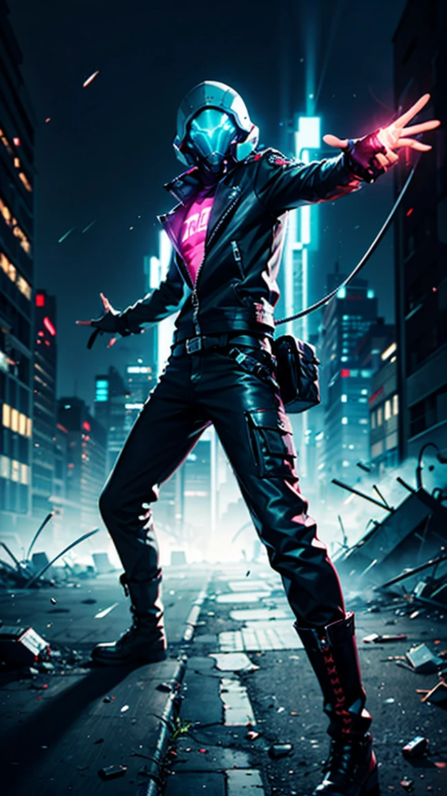 Lyra Stellar in a fighting stance. He wears a tight-fitting black futuristic jacket with bright blue details and a star symbol on the chest.. Matching skinny pants with multiple pockets and luminous details. High military style boots with metallic details. Fingerless gloves with luminous details. Face an enemy with an outstretched hand, manipulating light to create an energetic attack. Background of a ruined futuristic city or alien landscape.