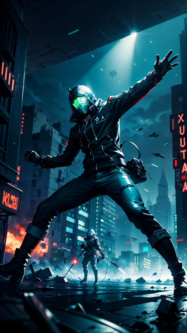 Lyra Stellar in a fighting stance. He wears a tight-fitting black futuristic jacket with bright blue details and a star symbol on the chest.. Matching skinny pants with multiple pockets and luminous details. High military style boots with metallic details. Fingerless gloves with luminous details. Face an enemy with an outstretched hand, manipulating light to create an energetic attack. Background of a ruined futuristic city or alien landscape.