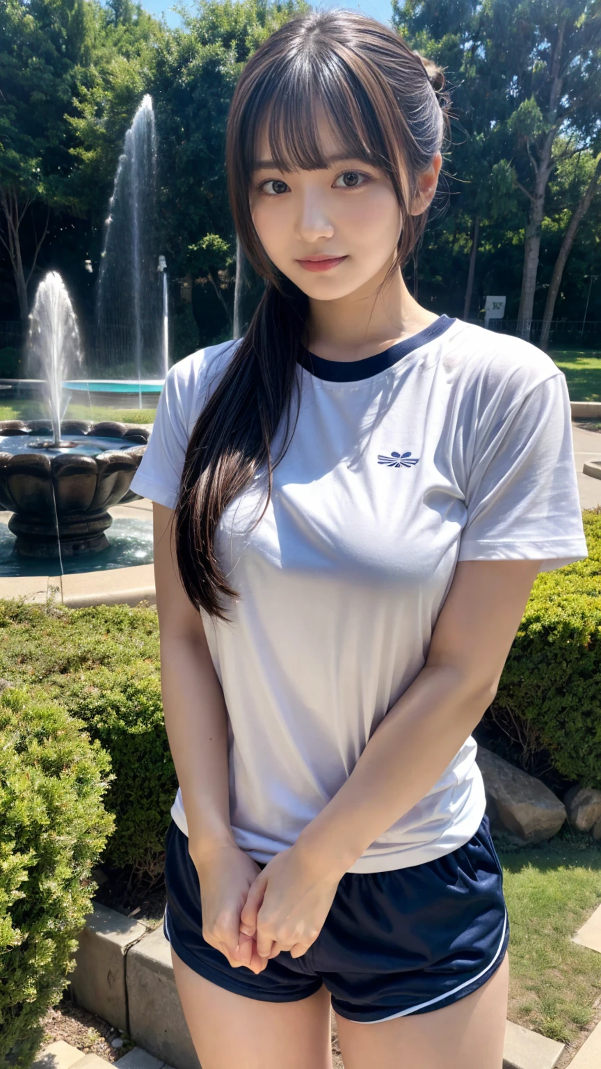 masterpiece, best quality, illustration, Super detailed, fine details, High resolution, 8K,wall paper, perfect dynamic composition,(Details High quality, realistic depiction of eyes:1.3), (short sleeve white t-shirt, navy short pants, gym clothes), middle hair, ponytail, sideburns, black hair color, Big Natural Color Lip, Large swollen breast, perfect body shape, crying a little、little smile、 Harajuku style、20 year old girl、cute type、ta, hposing Gravure Idol, full body photo、focus on crotch, (park:1.2, fountain)