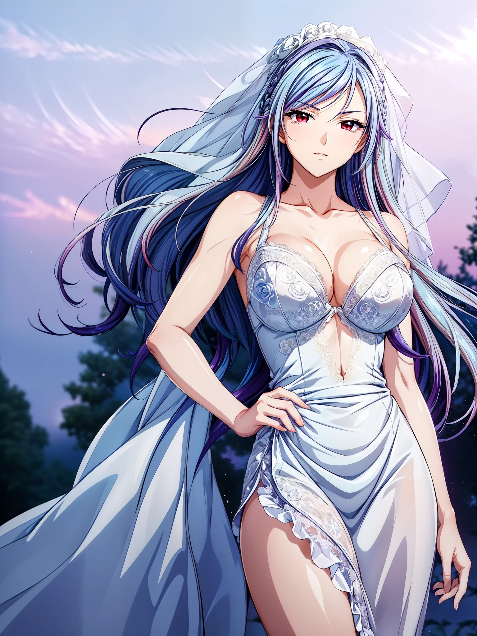 Armpit Show,View your viewers,(masterpiece, Highest quality, beautifully、aesthetic:1.3), look back, Side view, 1 Female, alone, Mature Woman,  (Silver-blue hair with purple stripes:1.4), (Gradient sky blue hair tip:1.6), hair, Ridiculously long hair, Single Side Lock, Wavy Hair, Shiny Hair, Floating Hair, (Bright red eyes), Delicate eyes, Aqua Eye, Very fine eye, Long upper eyelashes, compensate, Focus on the face, Very detailedフェイシャル, Perfect breasts, Hot body, (Delicate skin texture:1.2), Bridal Veil, lace trim dress, See through, Wedding dress, Outdoor, White Rose, garden, morning, Are standing, Very detailed, 