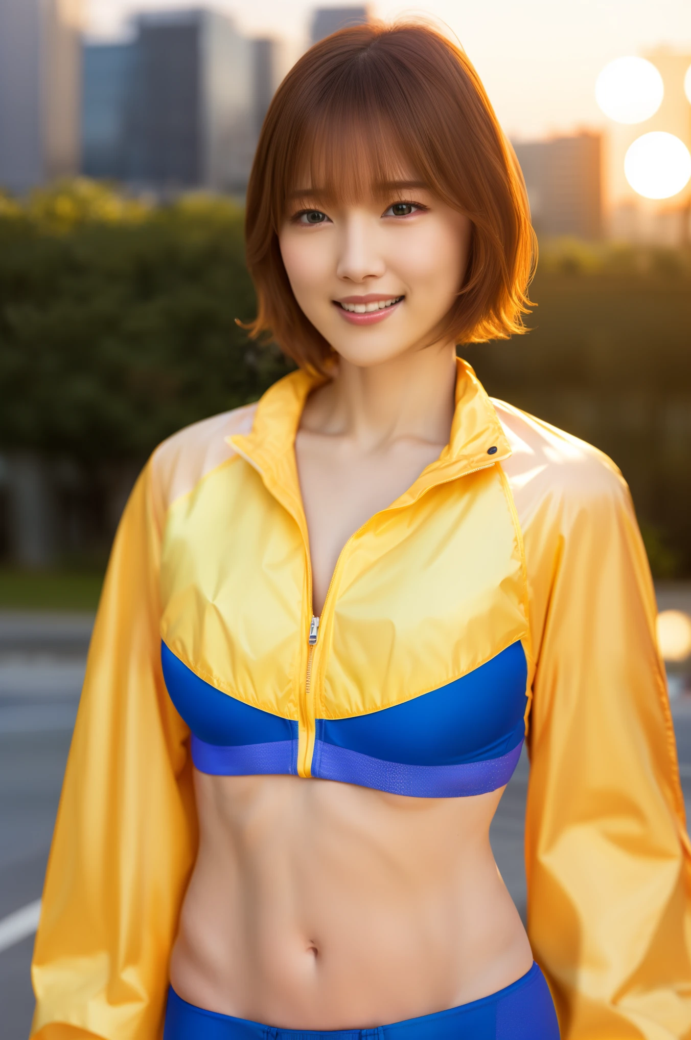 1girl,(wearing yellow jacket, open jacket, sports bra, bike shorts, midriff:1.2),(RAW photo, best quality), (realistic, photo-realistic:1.4), masterpiece, an extremely delicate and beautiful, extremely detailed, 2k wallpaper, Amazing, finely detail, extremely detailed CG unity 8k wallpaper, ultra-detailed, highres, soft light, beautiful detailed girl, extremely detailed eyes and face, beautiful detailed nose, beautiful detailed eyes,cinematic lighting,at a park,city lights at night,perfect anatomy,slender body, close up,short hair,big breasts,smile