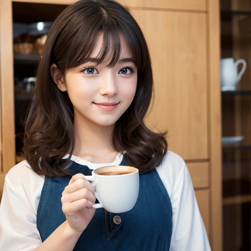 Beautiful consideration,Beautiful lip detail,Very detailed目と顔,Long eyelashes,young outline,Innocent smile,Realistic,photoRealistic:1.37,Very detailed,Professional,Vibrant colors,Studio Lighting,Sharp focus,Physically Based Rendering,High resolution,超High resolution、A composition with a wide background、One girl、9 years old、blue eyes, Shoulder-length hair,Curly Hair、Black Hair,Lower eyelids,White dress,Professionalフィール,The background is inside a coffee shop.、Coffee beans lined up on a cupboard in the background、Place the cake near the audience、Holding a cup of coffee in one hand、Place a retro camera on the edge of the desk