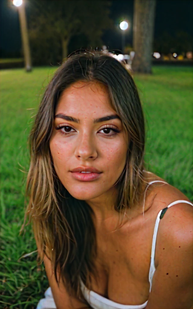 Meditating on the grass ,A beautiful 22 year old woman, Morena escura , close up, girl next door, Loose Clothes, make up, lips, cups, the night, Messy hair, film grain, retro, Supports 160 colors, Shot on ARRI ALEXA 65, sharp focus on the subject, Fujifilm XT-3
