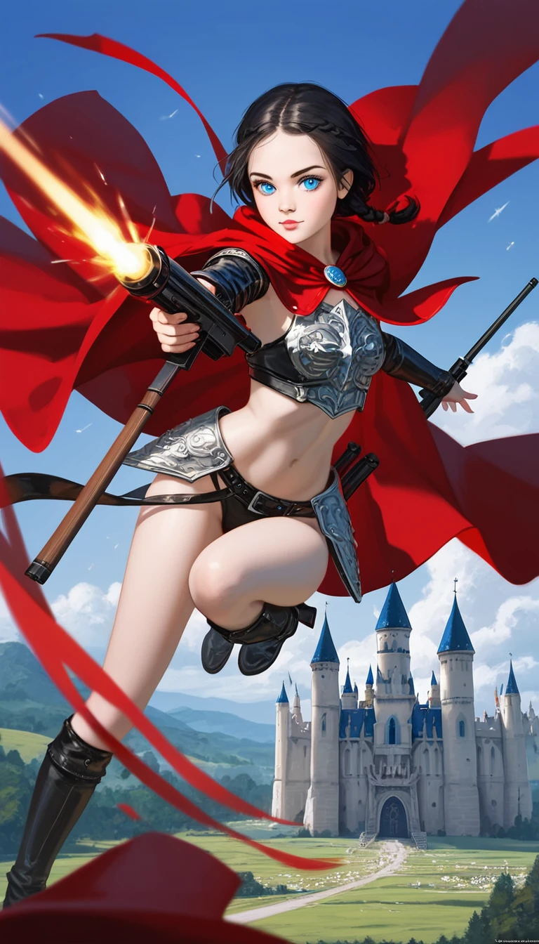 Realistic comic book image of a halfling female with short braided black hair, very pale skin, blue eyes, wearing leather armor and a crimson cloak, shooting a crossbow, in a Castle courtyard at noon