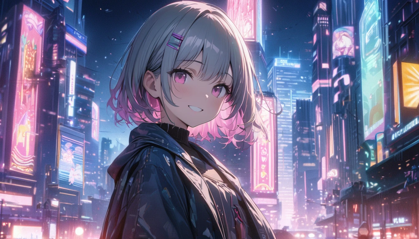 one girl, silver short hair and bob hair、I tied my hair in a bun with a hair clip..、beautiful pink eyes、smile、gentle smile on her face、flat chest, one Beautiful girl,((masterpiece, illustration, best quality) ((ultra-detailed))\、In the background are skyscrapers glowing with neon lights and a bustling cityscape, giving the viewer a sense of urban vibrancy. The overall color palette is a gradation of soft nighttime blues and pinks, creating a nostalgic and modern atmosphere. The illustrations balance the serenity and liveliness of an urban night from on high, creating a relaxing and inviting mood for the viewer.", 濃い青とBeautiful Blueのグラデーション, High resolution, 8K HD detail, hyper-detail, cinematic, surrealism, soft light, deep field focus bokeh, ray tracing and surrealism. --v6