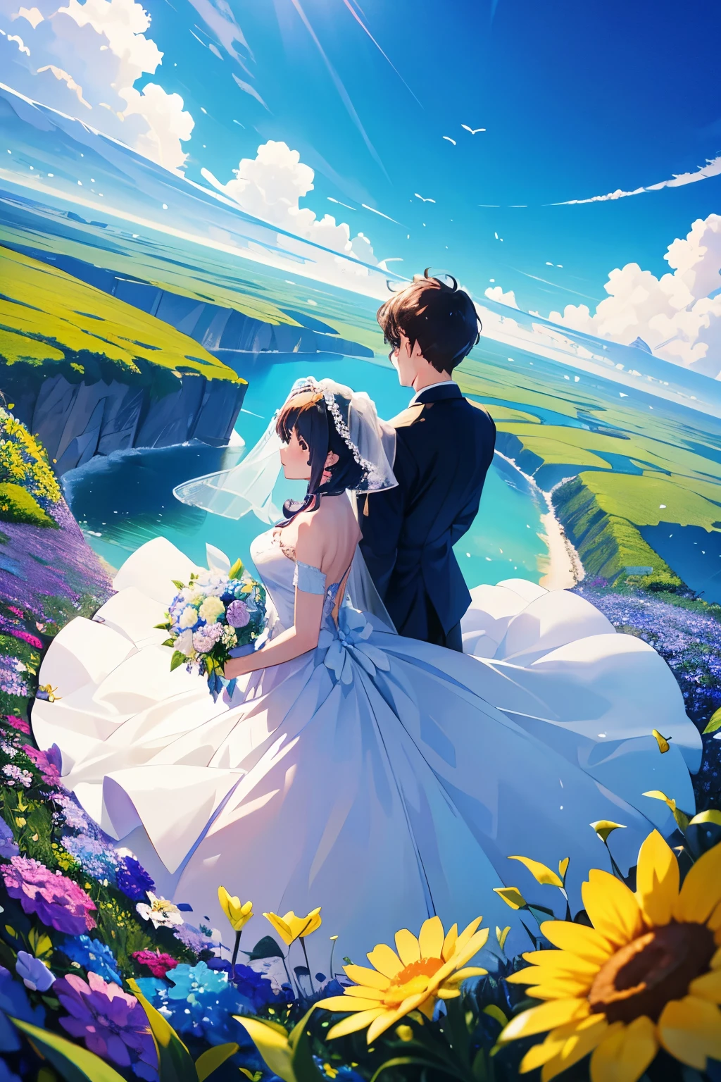 Ultra Wide Angle, Satellite Imagery, flower　blue sky　mysterious　Male and female couple　wedding　Back view, flowerびら