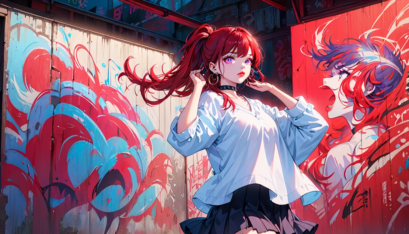 hair above one eye, Purple eyes, Clear Eyes, choker, Neon Shirt, torn legwear, open jacket、Blue pubic hair catches my eye,Bright red background、Red background, graffiti, Shineing grafiti, Shineing tattoos, Shine, Neon Light, Black light,Anime Style, movie portrait photography, 1 female, 22 years ago, Whole Body Ezbian,Big and ample breasts, anger, (Scarlet Hair), Long Hair, Purple eyes, wearing a short black dress, (Natural skin texture vivid details, Surreal, (Realistic eyes, Natural skin texture, Realistic facial details), Soft and dramatic lighting, Written boundary depth, Bokeh, vivid details, Surreal, 35mm movie, Absent-minded, movie,lipstick, ear piercing, eye shadow, Hoop Earrings, red pink lips, multicolored red eyes, Red background,Beautiful Eyes,Bold Pose、Strike a Pose,upper ponytail,drooping bangs,Droopy eyes、((school uniform))、high school girl