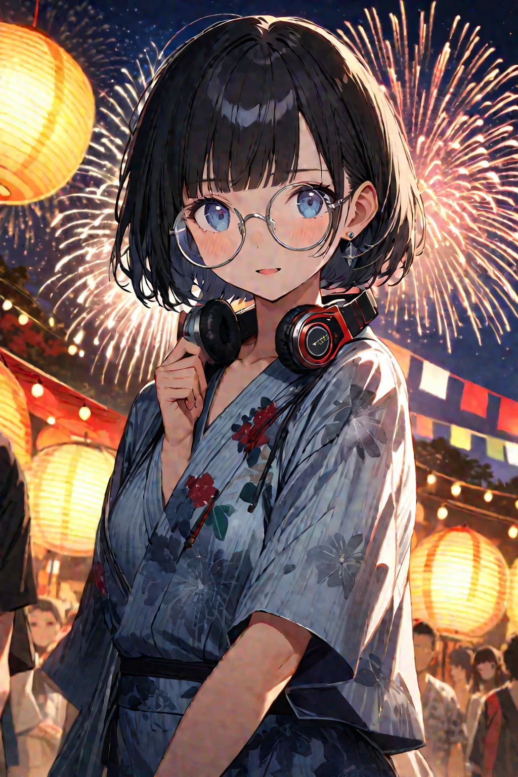 (extremely detailed fine touch:1.3), (((silver semi-rimless round eyewear:1.3))), (wear silver headphones around neck:1.0), black short hair, blunt bangs, glowing 1girl, 2.5d face, cowboy shot, yukata, earring, holding antique drawstring pouch, extremely detailed summer festival, midnight, starry sky, extremely detailed fireworks,