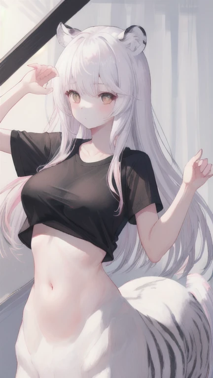(best quality, masterpiece), 1 girl, centaur, It takes, White skin, Korean ,daughter,black pink, exposing the abdomen, belly button t-shirt , 아름다운 소녀 Perfect wild white tiger photo, Perfect wild white tiger photo