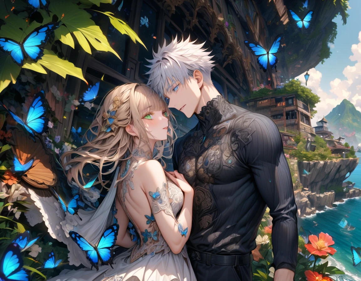 Ultra detailed, HDR, Highres, absurdres, master piece, Aida, ash blonde hair with bangs, expressive green eyes, Gojou Satoru, white hair with bangs, expressive blue eyes, black shirt, white dress with patterns, Jujutsu Kaisen, flowers, butterflies, fantasy, magical, green leaves, summer, a beautiful woman together with a handsome man, couple, love, sensual, island, sexy
