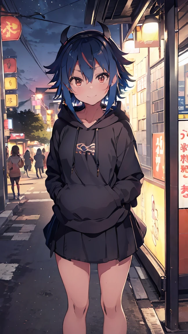 masterpiece, Highest quality, High resolution, Very detailed,(((Mikoto Naruka))), (((Tile ground)))、(((Neon sign)))、(((smile)))、(((bus stop))), Wearing a black hoodie。, Standing in the distance。, Black mini skirt, night