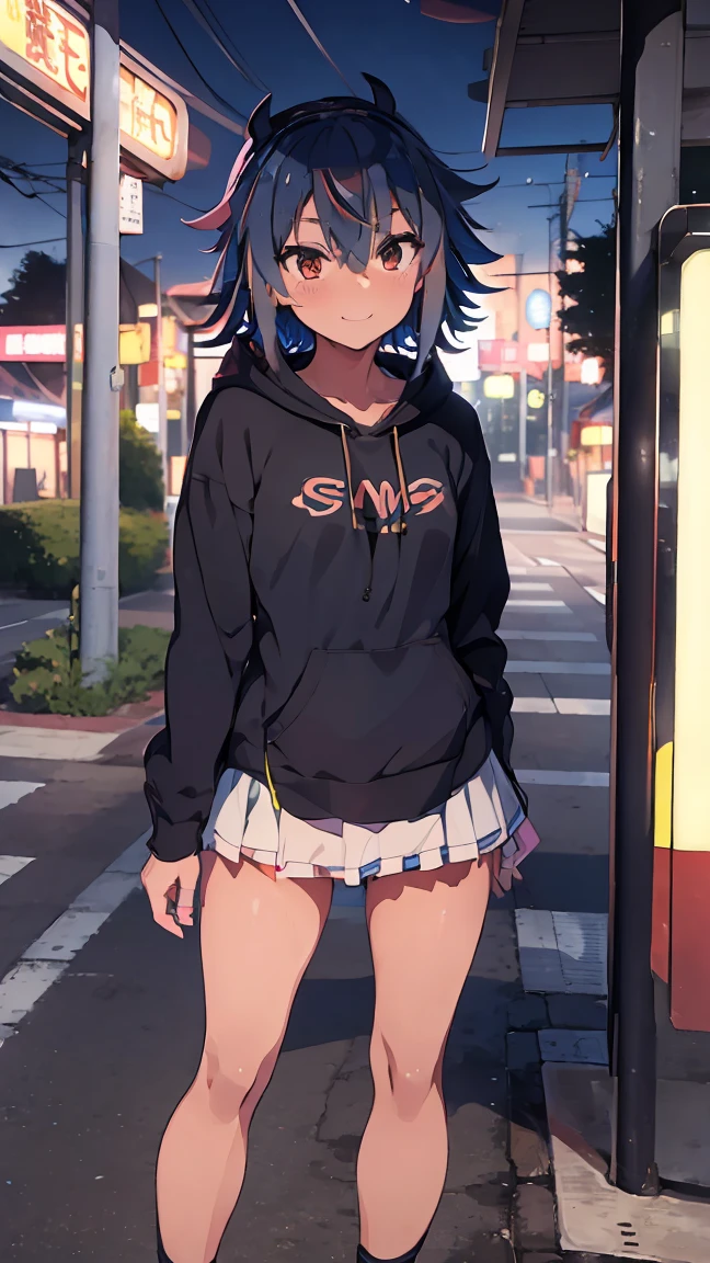 masterpiece, Highest quality, High resolution, Very detailed,(((Mikoto Naruka))), (((Tile ground)))、(((Neon sign)))、(((smile)))、(((bus stop))), Wearing a black hoodie。, Standing in the distance。, Black mini skirt, night