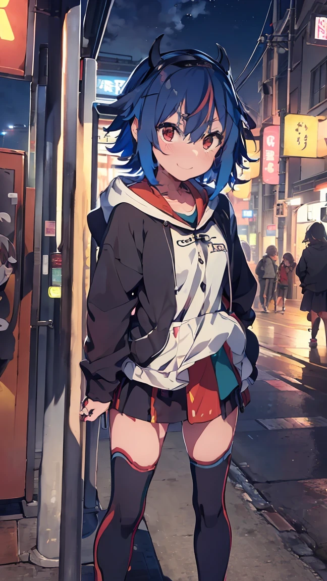 masterpiece, Highest quality, High resolution, Very detailed,(((Mikoto Naruka))), (((Tile ground)))、(((Neon sign)))、(((smile)))、(((bus stop))), Wearing a black hoodie。, Standing in the distance。, Black mini skirt, night