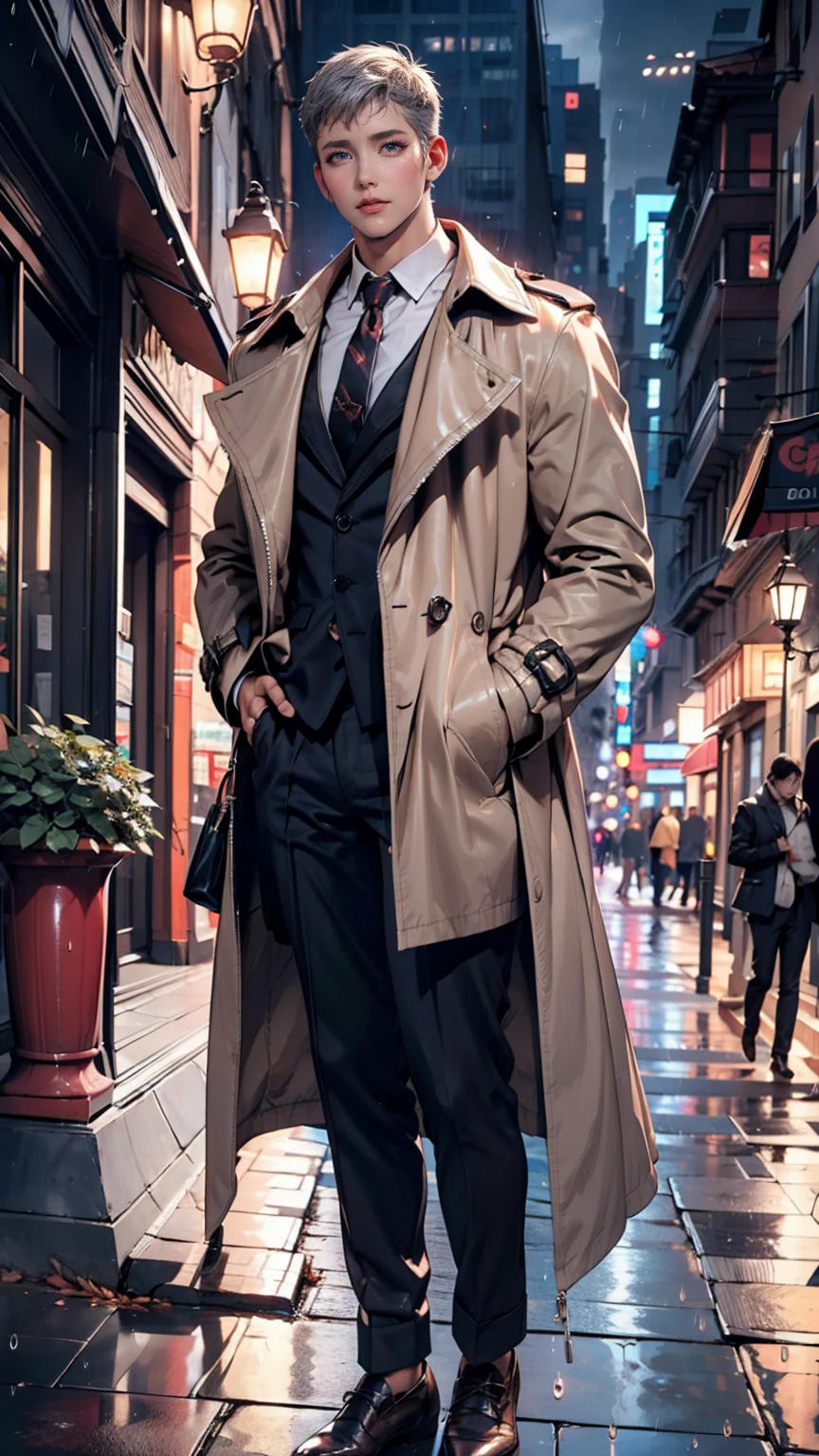 Silver Hair、Mature Woman,rain,City of night、trench coat、Stand up your collar、Center Crease((center crease))、Leather shoes、slacks、suit、Best、tie、Put your hands in your pockets