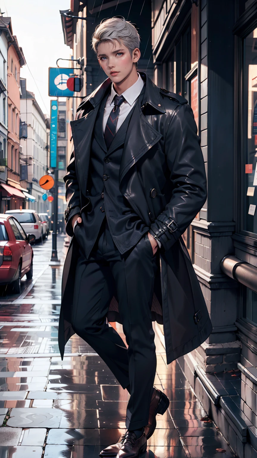 Silver Hair、Mature Woman,rain,City of night、trench coat、Stand up your collar、Center Crease((center crease))、Leather shoes、slacks、suit、Best、tie、Put your hands in your pockets