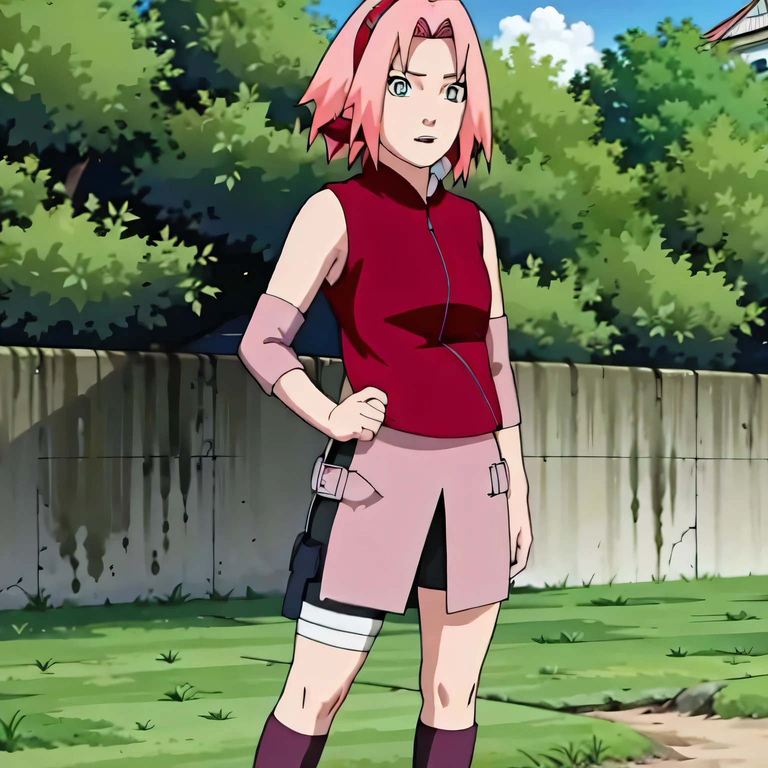 Sakura Haruno,high quality,one person,Unique,sideways,Sideways,Standing,Side face,whole body,leg