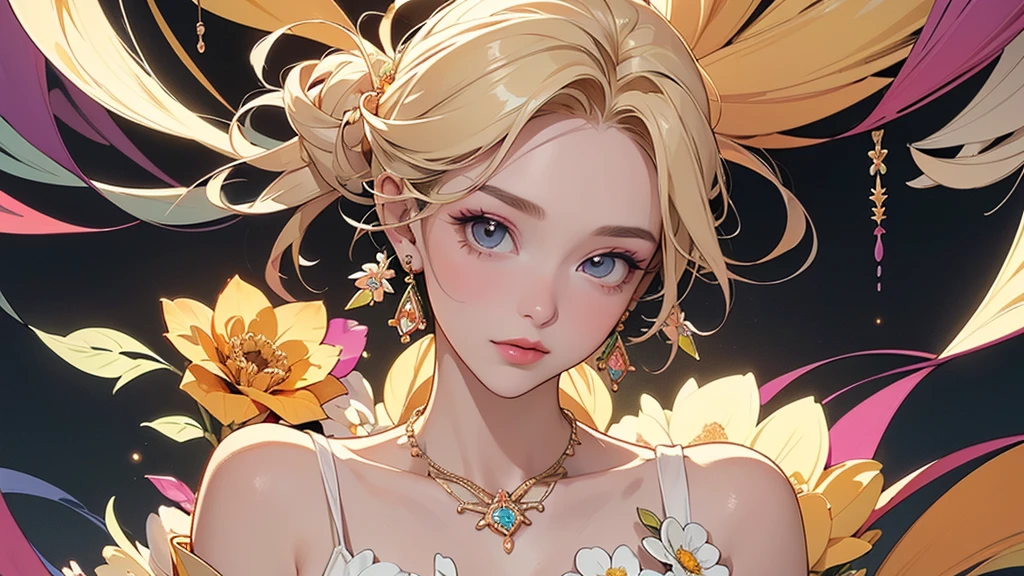 32K, 最高quality, 最高masterpiece, (ultra-Detailed Background, Detailed Background), Absurd, High resolution, Super detailed, Very detailedな, One girl, (bouquet:1.3), (Tangled:1.2), (Geometric:1.2),(colorful),(masterpiece, quality, best quality, Official Art, Beautiful and beautiful:1.2), (1 girl:1.3), Very detailed,(colorful:1.1)(Flowers:1.3),Most detailed,(Tangled:1.2), whole body, (Abstract background:1.3), (Skin glows), (Many colors:1.4), ,(Earrings Jewelry:1.5), Pale yellow background,