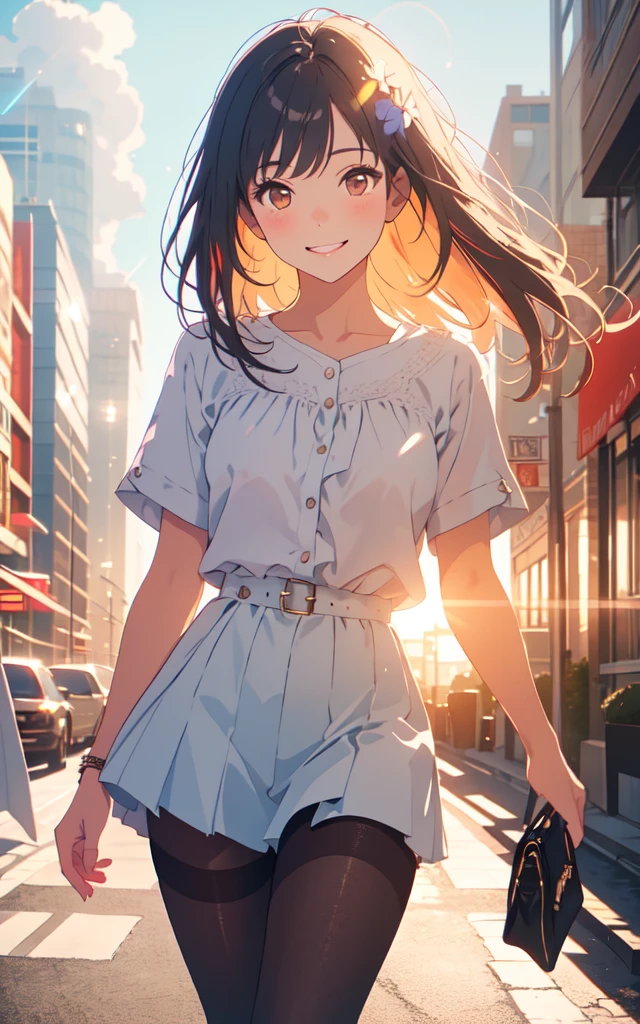 Front facing, facing this way、A more beautiful smile、More beautiful casual summer outfits、Colorful 、More beautiful thighore beautiful colorful hose、Walking through a more beautiful summer cityscape, Beautiful dark clouds, (Cowboy Shot:1.4), Beautiful and realistic, Beautiful masterpiece, Beautiful and top quality, Beautiful backlight, (Lens flare:1.1), (bloom:1.1), (chromatic aberration:1.1)