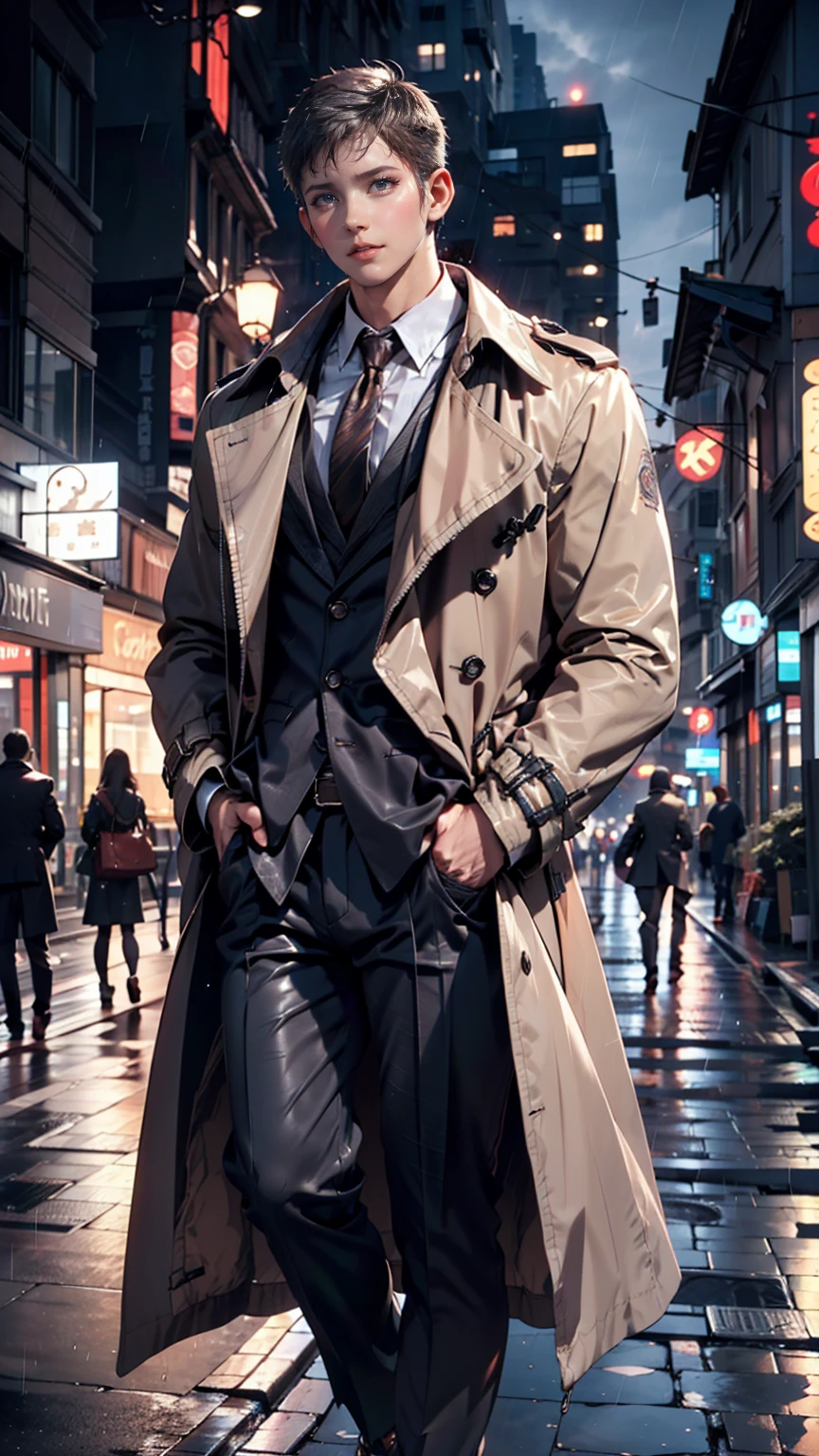 Silver Hair、Mature Woman,rain,City of night、trench coat、Stand up your collar、Center Crease((center crease))、Leather shoes、slacks、suit、Best、tie、Put your hands in your pockets