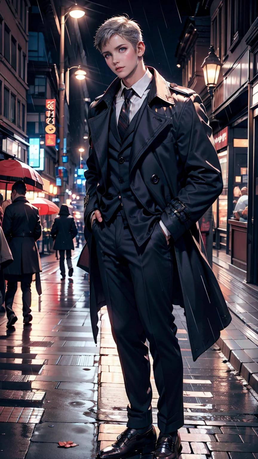 Silver Hair、Mature Woman,rain,City of night、trench coat、Stand up your collar、Center Crease((center crease))、Leather shoes、slacks、suit、Best、tie、Put your hands in your pockets