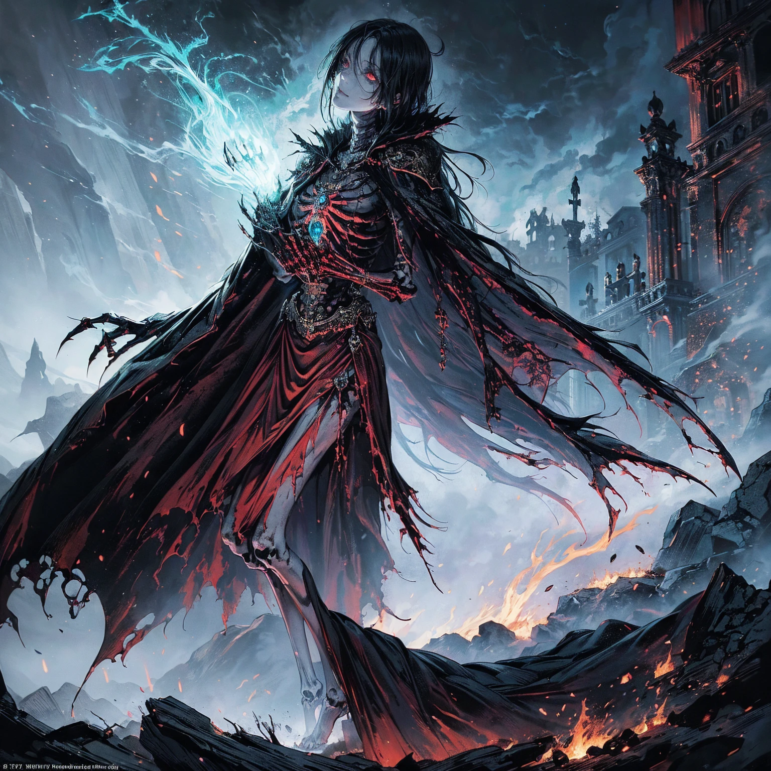 (full body:1.5), (wide shot:1.2), best quality, 4K, high resolution, (masterpiece:1.2), Very detailed, (actual:1.37), (anatomically correct:1.2), Mood lighting, A black hair young undead girl in a long cape, Whole body including hands & arms & legs & feet are all skeleton bones but except the head is still beautiful human face, Wearing a ragged gothic skirt, Shaded expression, Aloofness emotion, Dangerous sneer, beautiful but sorrowful smile, Black tears of blood flowed from eyes, lean on one side floating above ground, Facing the camera, Crucified, Pitch black sky, Blood-red moon, strange atmosphere, Gothic style, Unforgettable beauty, Dramatic shadows, Ethereal Light, Mysterious atmosphere, Necromancer, Dark Magic, Resurrection of the Dead, Resurrected zombies and skeletons roaming around, bone dragon, pathfinder: wrath of the righteous: lich myth path.