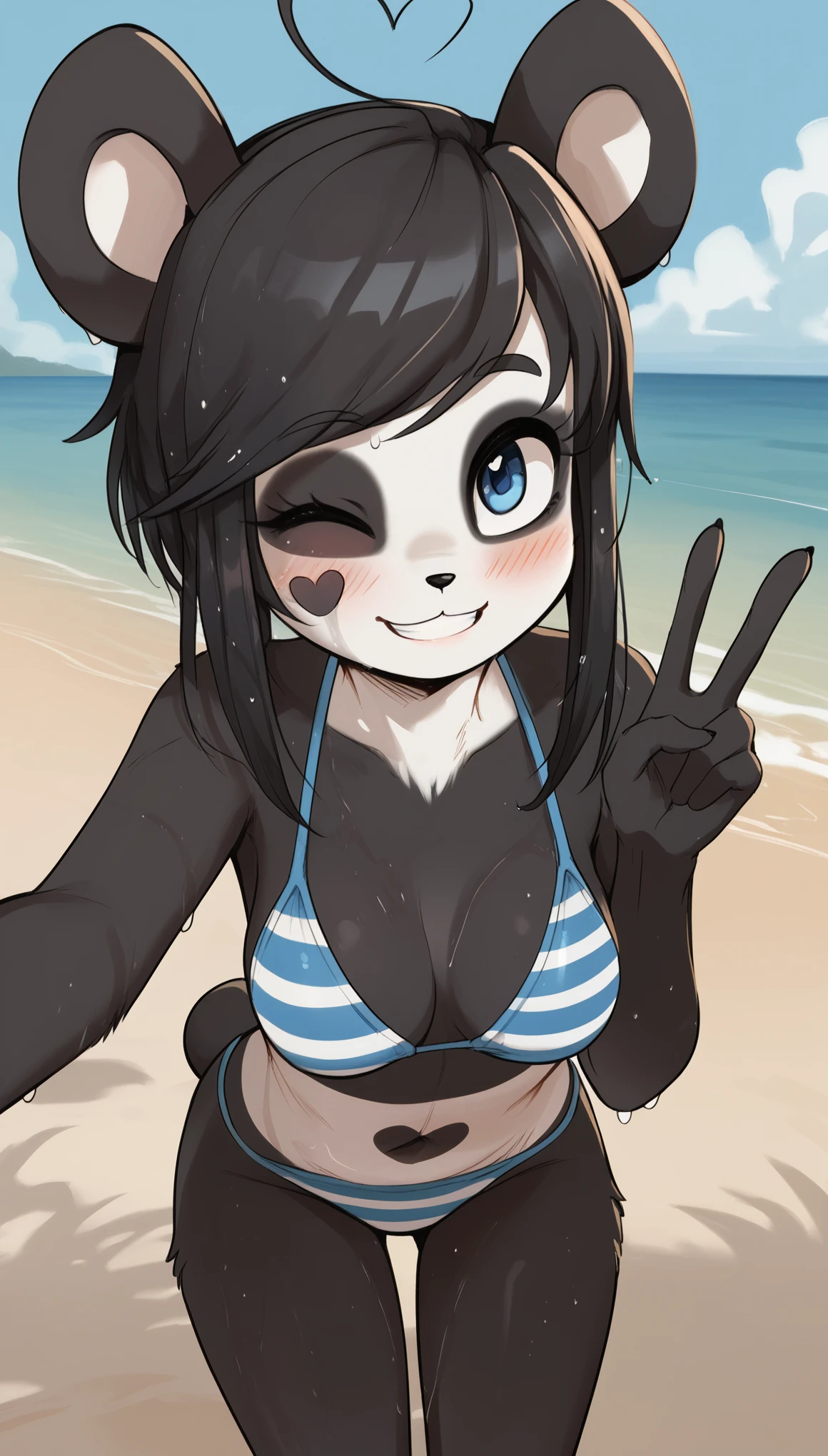 masterpiece, best quality, Unexpressive, 1girl, anthro, furry, fur, fluffy fur, kenny \(kenashcorp\), 19 years old, (panda, panda girl), furry, panda ears, animal nose, black fur, white fur, eyes makeup, black eyes, panda tail, heart ahoge, cheek heart, black arms, black legs, black hair, medium hair, blue eyes, half-closed eyes, medium breasts, thick thighs, solo, (beach), (sunny day, hot), detailed, blue bikini (striped bikini), cute grin, blush, one closed eye, making the peace sign on one hand, bent over, wet body, wet hair, score_9, score_8_up, score_7_up, score_6_up, score_5_up, score_4_up