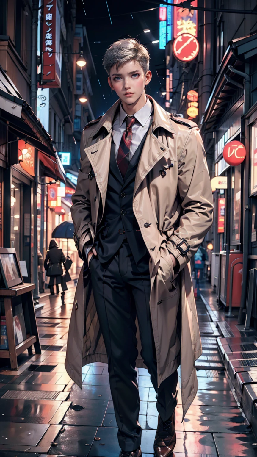 Silver Hair、Mature Woman,rain,City of night、trench coat、Stand up your collar、Center Crease((center crease))、Leather shoes、slacks、suit、Best、tie、Put your hands in your pockets