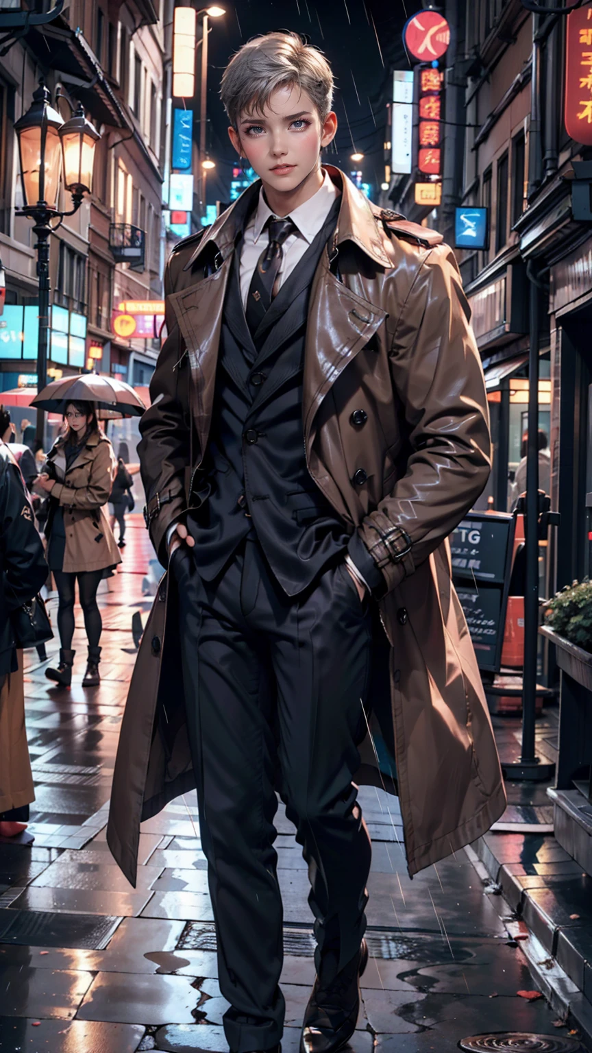Silver Hair、Mature Woman,rain,City of night、trench coat、Stand up your collar、Center Crease((center crease))、Leather shoes、slacks、suit、Best、tie、Put your hands in your pockets