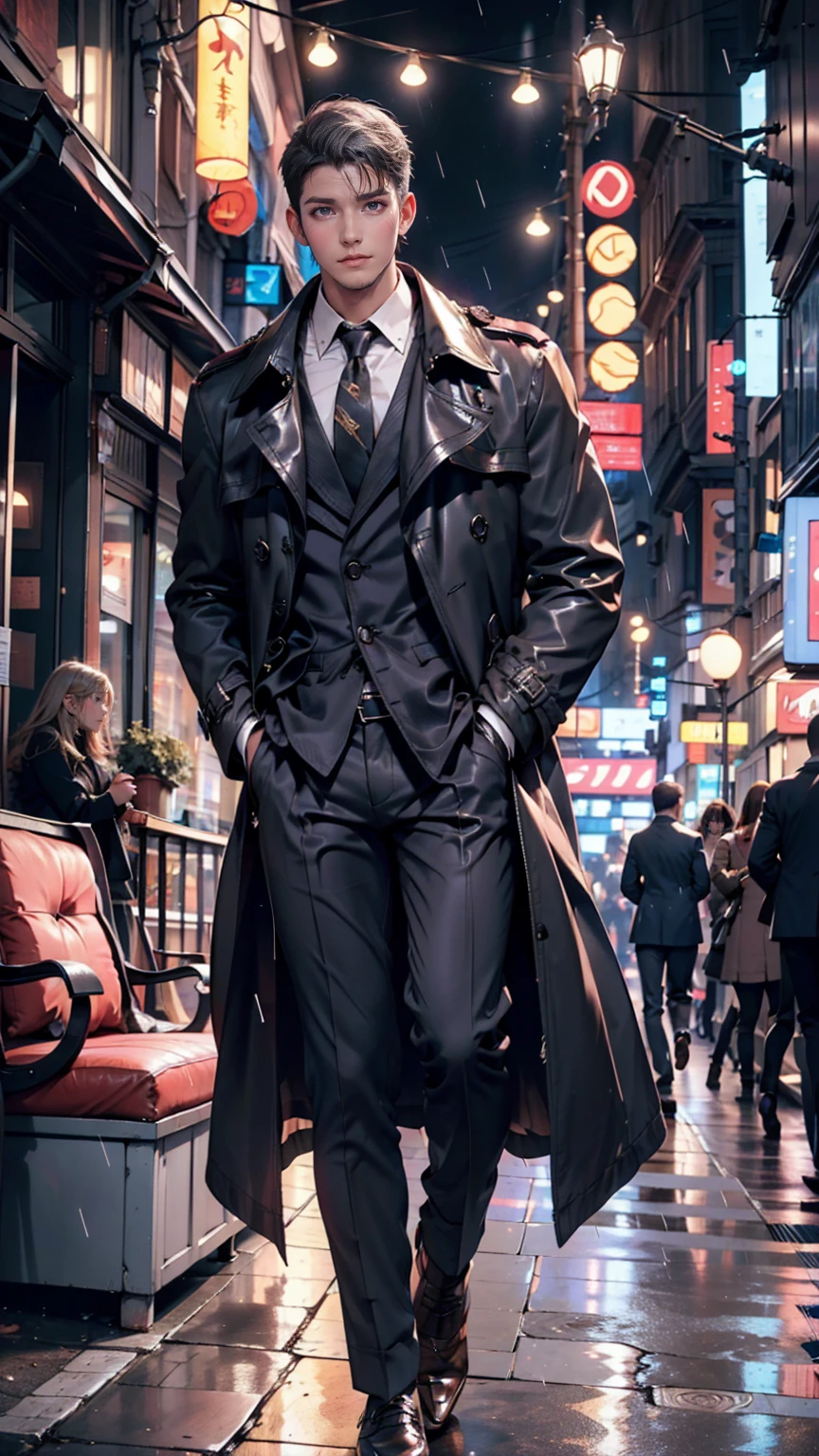 Silver Hair、Mature Woman,rain,City of night、trench coat、Stand up your collar、Center Crease((center crease))、Leather shoes、slacks、suit、Best、tie、Put your hands in your pockets