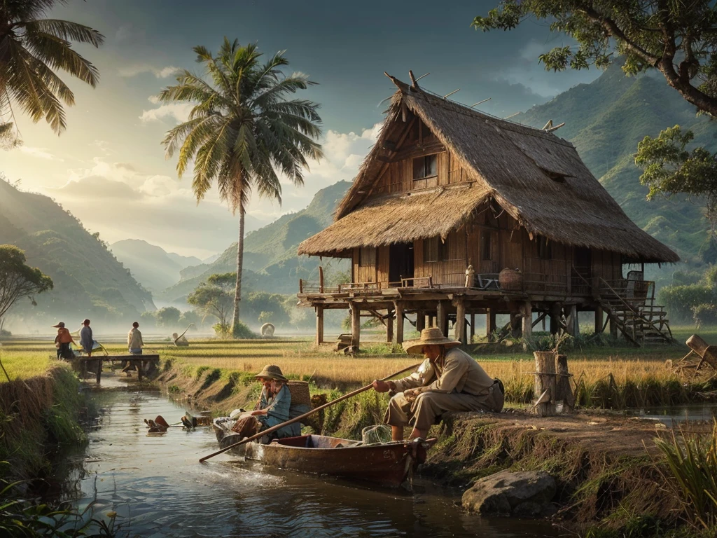 Pictures of old times, an old hut in the middle of a rice field, In front of him there was an old grandfather sitting, in front of the hut there is a small river, There were people passing by on bicycles about to go to the rice fields, background of mountains and coconut trees, the atmosphere is cool, realistic photo, high detail.cat air.