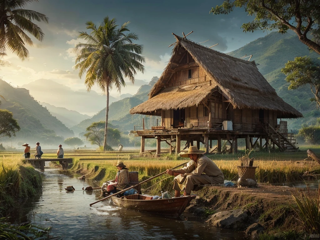 Pictures of old times, an old hut in the middle of a rice field, In front of him there was an old grandfather sitting, in front of the hut there is a small river, There were people passing by on bicycles about to go to the rice fields, background of mountains and coconut trees, the atmosphere is cool, realistic photo, high detail.cat air.