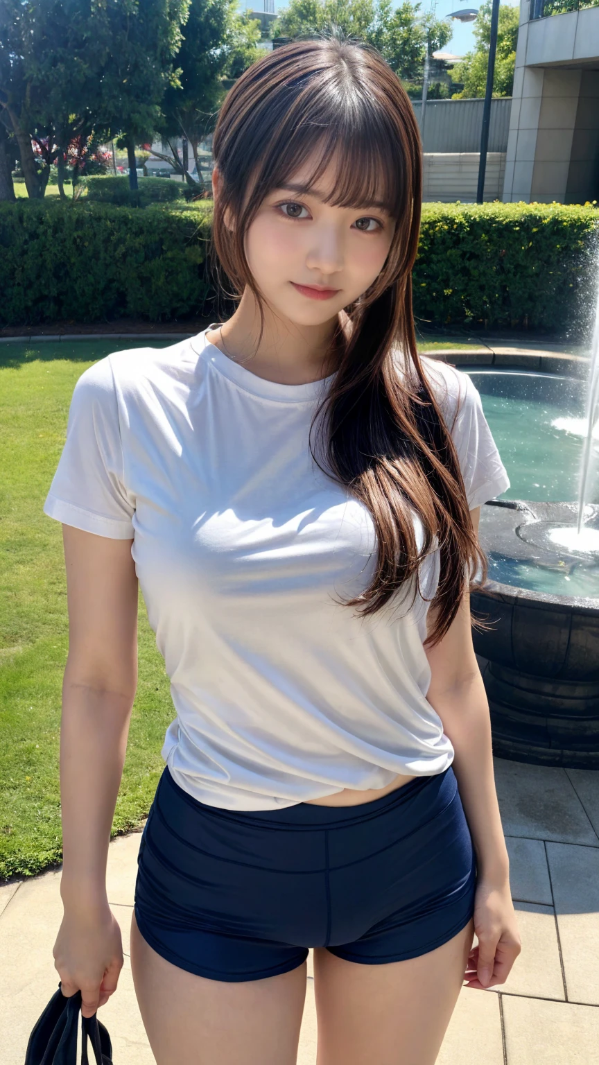 masterpiece, best quality, illustration, Super detailed, fine details, High resolution, 8K,wall paper, perfect dynamic composition,(Details High quality, realistic depiction of eyes:1.3), (short sleeve white t-shirt, navy short pants, gym clothes), middle hair, ponytail, sideburns, black hair color, Big Natural Color Lip, Large swollen breast, perfect body shape, crying a little、little smile、 Harajuku style、20 year old girl、cute type、lolita, hposing Gravure Idol, full body photo、focus on crotch, (park:1.2, fountain)